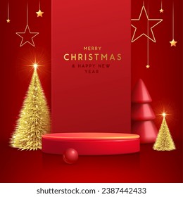 Holiday Christmas showcase red background with 3d podium and Christmas tree. Abstract minimal scene. Vector illustration