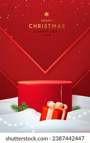 Holiday Christmas showcase red background with 3d podium, Christmas tree and gift box. Abstract minimal scene. Vector illustration