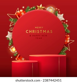 Holiday Christmas showcase red background with 3d podium and Christmas decoration. Abstract minimal scene. Vector illustration