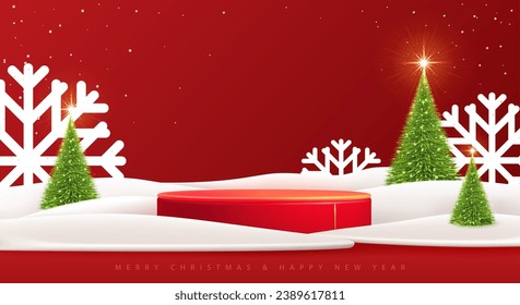 Holiday Christmas showcase red background with 3d podium and Christmas tree. Abstract minimal scene. Vector illustration
