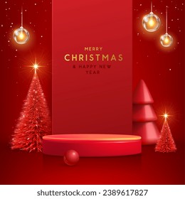 Holiday Christmas showcase red background with 3d podium and Christmas tree. Abstract minimal scene. Vector illustration