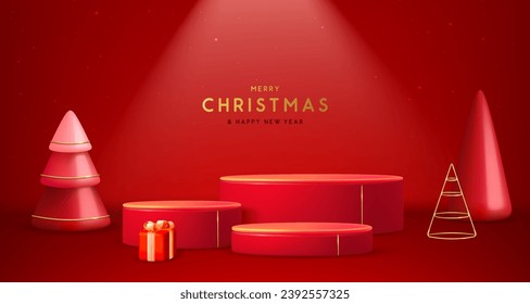 Holiday Christmas showcase red background with 3d podiums, Christmas tree and gift box. Abstract minimal scene. Vector illustration