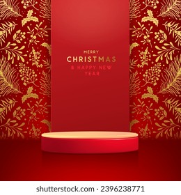 Holiday Christmas showcase red background with 3d podium and Christmas floral decoration. New Year poster or greeting card. Vector illustration