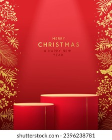 Holiday Christmas showcase red background with 3d podium and Christmas floral decoration. New Year poster or greeting card. Vector illustration