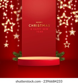 Holiday Christmas showcase red background with 3d podium and Christmas garland. Abstract minimal scene. Vector illustration