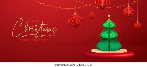 Holiday Christmas showcase red background with 3d podium and Christmas tree. Abstract minimal scene. Vector illustration