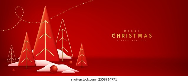 Holiday Christmas showcase red background with 3d Christmas trees. Abstract minimal scene. Vector illustration