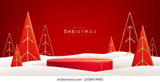 Holiday Christmas showcase red background with snow, 3d podium and Christmas trees. Abstract minimal scene. Vector illustration