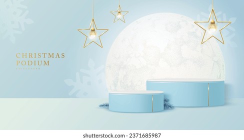 Holiday Christmas showcase white background with 3d podiums, full moon and electric lamps. Abstract minimal scene. Vector illustration