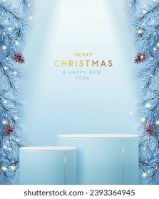 Holiday Christmas showcase white sparkle background with 3d podium and Christmas tree texture. Abstract minimal scene. Vector illustration