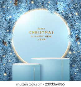 Holiday Christmas showcase white sparkle background with 3d podium and Christmas tree texture. Abstract minimal scene. Vector illustration