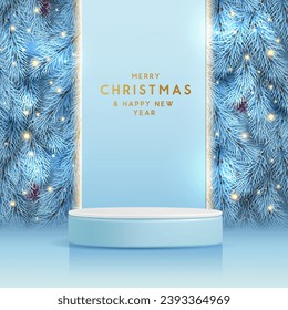 Festividad navideña muestra fondo brillante blanco con 3d podio y textura de árbol de Navidad. Resumen de la escena mínima. Ilustración del vector