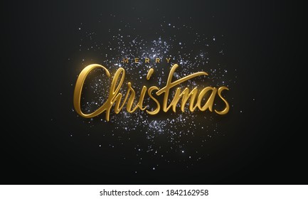 Holiday Christmas sign with glittering silver confetti. Vector 3d illustration of realistic golden label with glitters. Calligraphic banner design. Winter festive event. Merry Christmas.