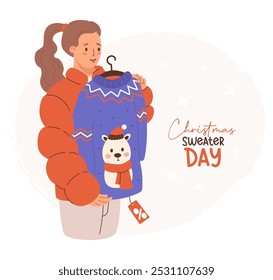 Holiday Christmas Sweater Day card. New year Shopping sale. Cute girl with funny ugly Christmas sweater with bear. Vector illustration. Festive female shopper character