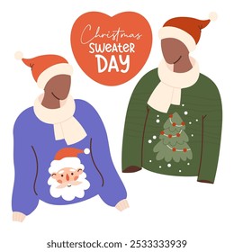 Holiday Christmas Sweater Day card. New Year Mannequins in Santa hat, Xmas ugly sweater with tree and portrait Claus. Isolated festive cloth. Vector illustration in flat style