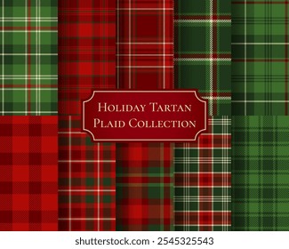 Holiday christmas tartan plaid collection with classic red and green checkered patterns. Checkered new year backdrops set. Buffalo red and green plaids backgrounds. Traditional scottish fabric print.