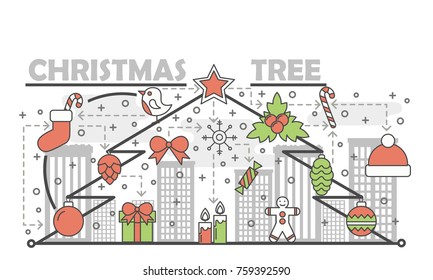 Holiday Christmas tree concept line banner. Vector illustration linear style design. Graphic icons with toys and gifts elements.