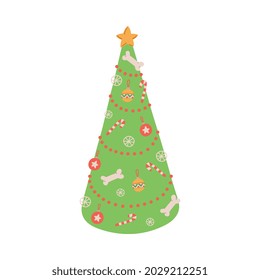 Holiday christmas tree for dog pet with decoration of bone treats, color balls and star. Flat cartoon vector illustration isolated on a white background.