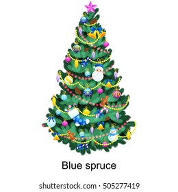 holiday christmas tree isolated, decoration for celebrate xmass with ball gold bells candles,  stars,lights candy and gingerbread men vector illustration