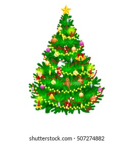 holiday christmas tree isolated, decoration for celebrate xmass with ball gold bells candles,  stars,lights candy and gingerbread men vector illustration