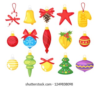 Holiday Christmas tree toys. Cartoon style colorful decorations for New Year design.