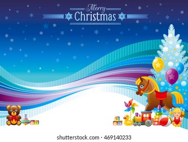 Holiday christmas vector illustration in modern elegant style. Abstract template with Christmas tree, baby toy gifts. Teddy bear, train, rocking horse, doll. Text lettering on blue background.