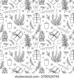 Patrón aislado inconsútil del Vector de las Navidades de Festiva. Vela ardiente, ramas de hoja, cajas de regalo, lámpara y Elementos decorativos de Navidad. Monocromo adornado pintado por tintas para textiles, papel de embalaje.