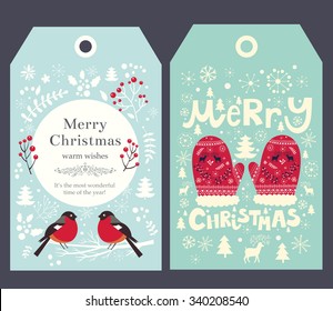 Holiday Christmas Vector Tags With Mittens And Bullfinch