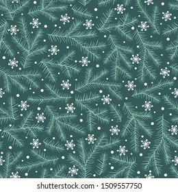 Holiday christmas winter background, vector seamless pattern with snowflakes and fir-tree brunches.