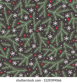 Holiday christmas winter background, vector seamless pattern with snowflakes and fir-tree brunches.