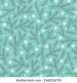 Holiday christmas winter background, vector seamless pattern with snowflakes and fir-tree brunches.