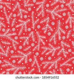 Holiday Christmas winter background, vector seamless pattern with snowflakes and fir-tree branches.