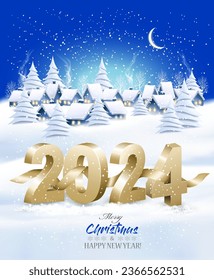 Holiday Christmas Winter Background with a Village Landscape and 2024 numbers. Vector.