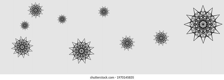 Holiday Christmas Winter Print Composition. Black Horizontal Snowflakes Chaotic Santa Sky Background. Night New Year Stars Silver Snow Pattern. Dark Grey Print Ornamental Mandala Illustration.