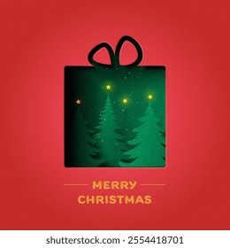 Holiday Christmas and winter season on red background. Gift Box decorated with Christmas Tree, Star and snowfall. Paper art vector illustration.