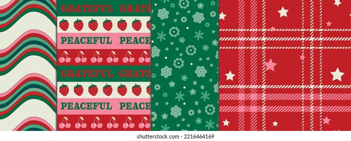 Papel de envolvimiento navideño 90s Y2K Groovy Psicodelic Trendy Frío Seamless Pattern Set Stripes, Floral, Plaid, Stars