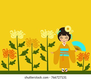 Holiday of chrysanthemums  (kiku-no sekku) and girl in a kimono on a yellow background