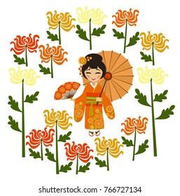 Holiday of chrysanthemums  (kiku-no sekku) and girl in a kimono