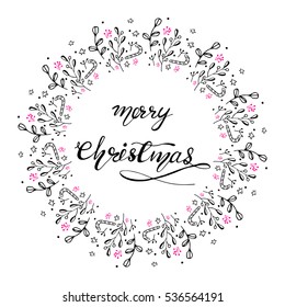 Holiday circle card design element with hand drawn lettering "Merry Christmas" and wreath. Flat style vector illustration.