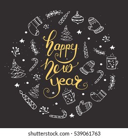 Holiday circle card design with handwritten lettering "Happy New Year" and sketched decor elements. Vector illustration.