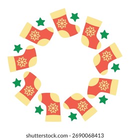 Festiva marco circular con decoraciones. Ilustración vectorial festiva. Navidades decoración corona . Nueva guirnalda durante todo el año con calcetines y estrellas