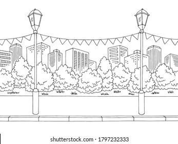 Holiday in the city street road graphic black white landscape sketch illustration vector