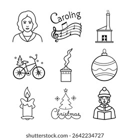 A holiday classic mix of carol book caroling sheet music chimney with smoke Christmas bauble bike candle card and caroler Vector line art on white background.
