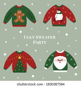 Holiday clip art of ugly sweaters for Christmas party. Christmas decorations. Vector illustration. 