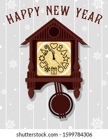 Holiday clock with a pendulum shows the time to give presents. Background from wallpaper with falling snow and snowflakes. Illustration, poster, splash - Happy New Year.
