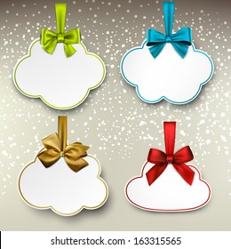 Holiday cloud gift cards with color ribbons and satin bows. Vector illustration.  