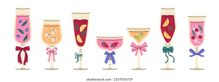 Holiday cocktails set. Alcohol drink collection. Party beverage. Glass with bow. Champagne.