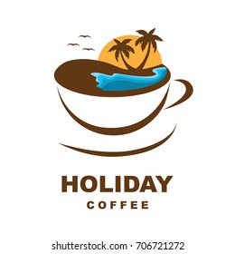 Holiday Coffee Logo. Coffee, palm tree beach, sun and birds.