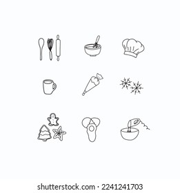 Holiday cold winter day cooking cook pastry baking family time bake doodle hand drawn icon set collection step by step recipe cookie box decorated hot chocolate kitchen vector pictogram isolated cold