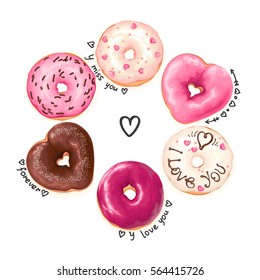 Collage de vacaciones con Donuts glaseados y texto de doodle sobre fondo blanco. Ilustración vectorial abstracta con amor por el día de San Valentín.